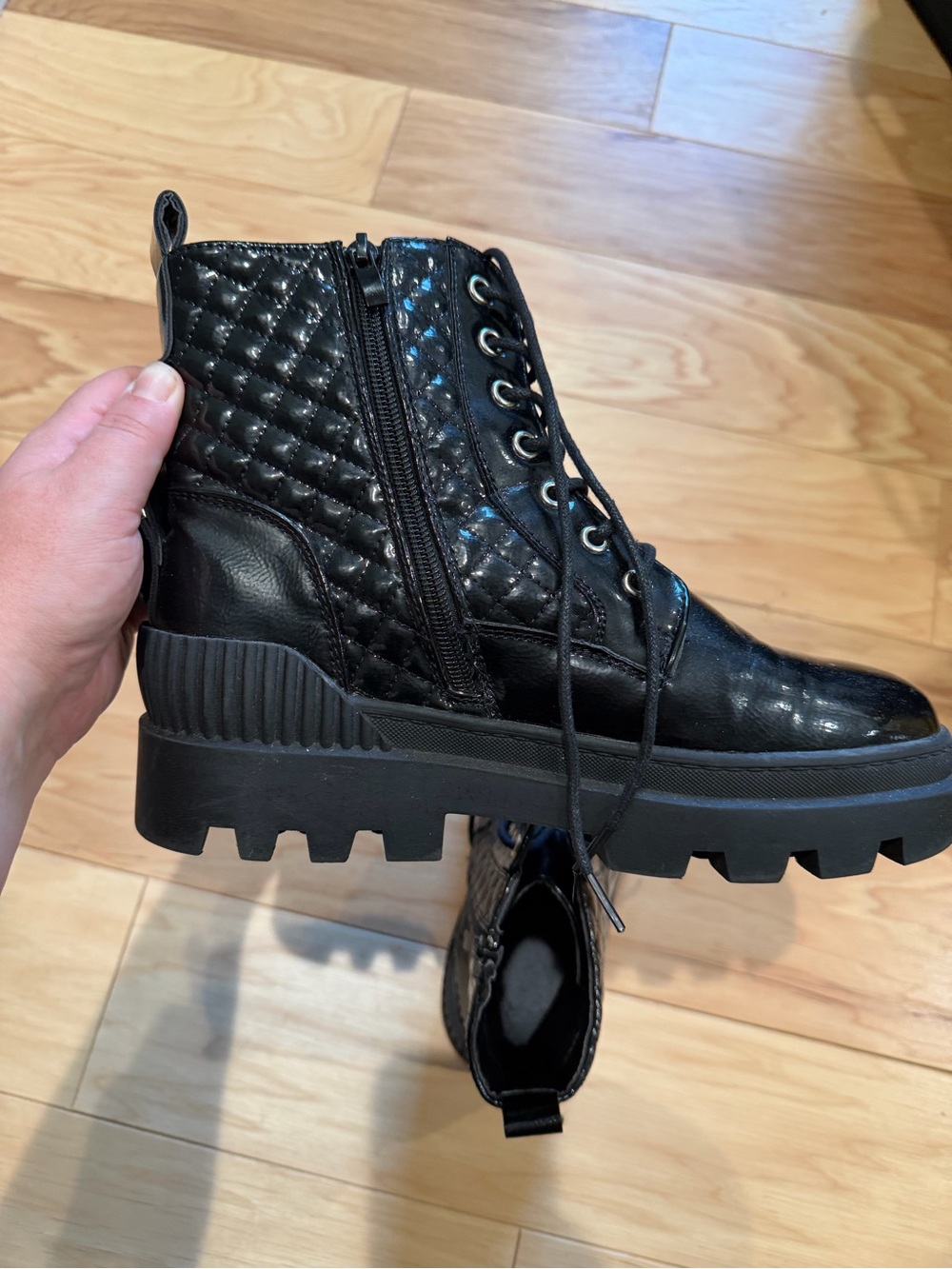 Black Quilted Patent Lug Sole Combat Boots Size 7.5
